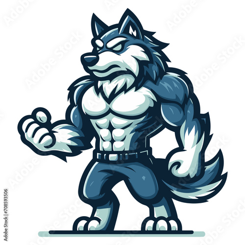 Strong body muscle wild beast wolf fox dog mascot design vector illustration, logo template isolated on white background