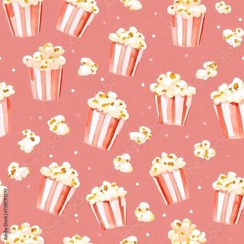 Popcorn seamless pattern in cartoon style. Pink background  design for kids. Print for fabric  textile  paper. Pattern for design