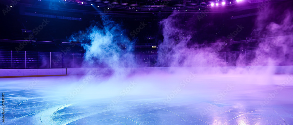 Ice Rink Background. Professional Arena illuminated neon lights, spotlights with smoke. Copyspace. Winter poster for hockey competitions. Ice skating. Stadium. Generative ai	