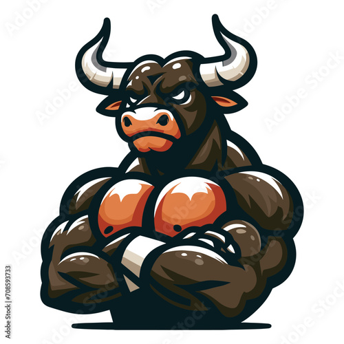 Strong athletic body muscle bull mascot design vector illustration, logo template isolated on white background
