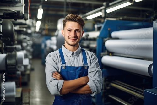 Portrait of a young man working in printing factory