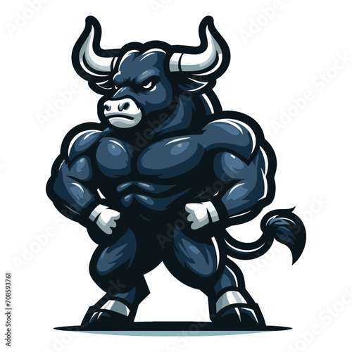 Strong athletic body muscle bull mascot design vector illustration, logo template isolated on white background