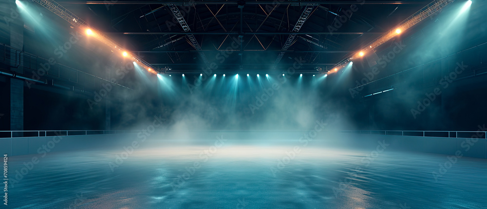 Ice Rink Background. Professional Arena illuminated neon lights, spotlights with smoke. Copyspace. Winter poster for hockey competitions. Ice skating. Stadium. Generative ai	