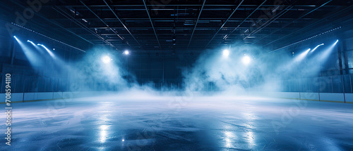 Sci-fi futuristic background with neon spotlights, smoke.Ice Rink.Professional Arena, Scene. Winter poster for hockey competitions. Ice skating. Stadium. Generative ai photo