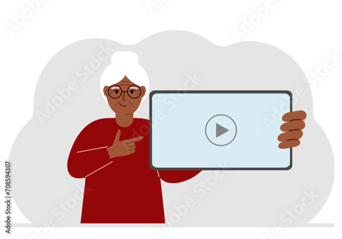 Woman holding tablet computer with video player. Marketing concept in flat style.