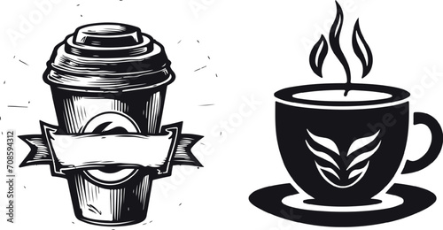 Vintage Coffee cup icon set. Cups of coffee tea. great set collection clip art Silhouette, Cup coffee with steam. Hot drink icon. coffee logo style, Black vector illustration on white background V4 photo