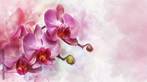 Beautiful Orchids: These exotic flowers symbolize love, luxury, beauty, and strength, valentine theme, watercolor, banner, copy space.