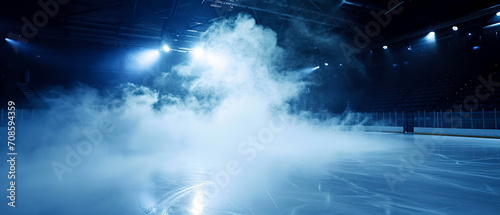 Sci-fi futuristic background with neon spotlights  smoke.Ice Rink.Professional Arena  Scene. Winter poster for hockey competitions. Ice skating. Stadium. Generative ai