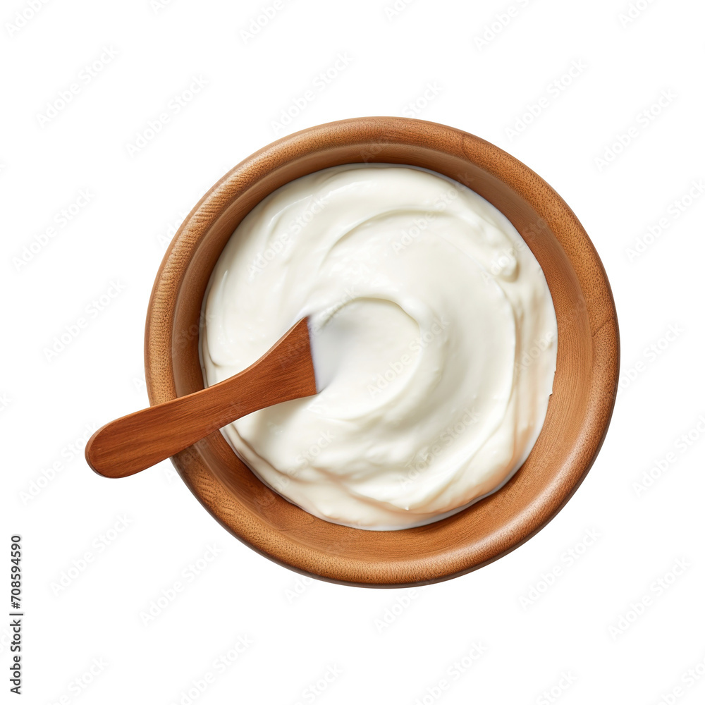 Wooden bowl with sour cream mayonnaise and yogurt with spoon isolated on transparent background Remove png, Clipping Path, pen tool Wooden bowl with sour cream mayonnaise and yogurt with spoon isolated on transparent background Remove png, Clipping Path, pen tool