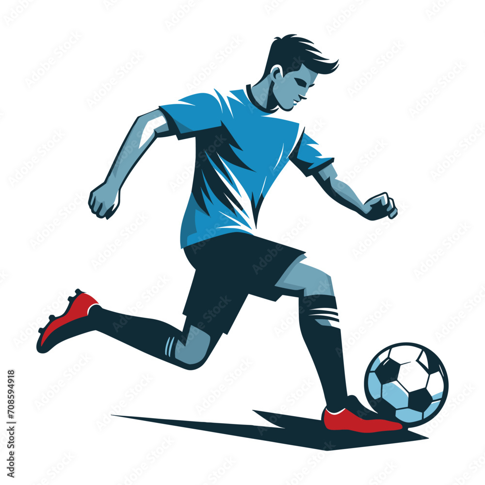 soccer player men athlete vector design, colourful style football game male player illustration, player kicking ball template isolated on white background