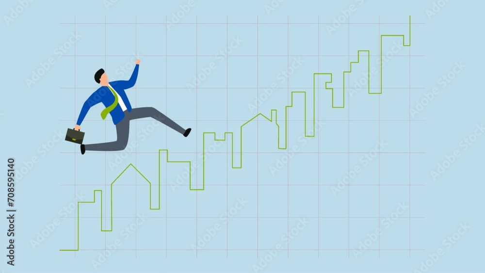 Real estate market price rising up chart, 4k animation of Happy running on rising up house and building green graph and chart for businessman homebuyer or real estate agent. Real estate market price rising up chart, 4k animation of Happy running on rising up house and building green graph and chart for businessman homebuyer or real estate agent.
