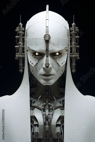 Innovative cgi of dark white cyborg priest, full body © Mockup Lab