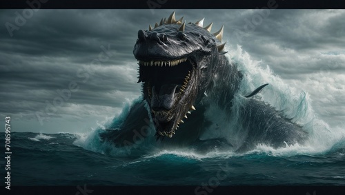 A massive marine creature materializes from the ocean, its razor-sharp teeth bulging from its gaping maw and eager to eat everything that gets in its way.