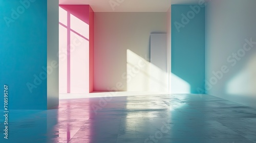 Empty room with blue and pink walls and floor