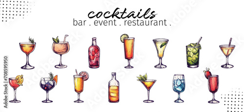 Colorful cocktail designs - Collection of glasses. Flat design. Elements for invitation cards, advertising banners and menus. Cocktails collection isolated on white background.