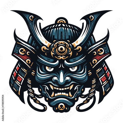 Demon Oni mask with samurai helmet design vector illustration. Traditional Japanese culture. Tattoo print. illustration for t-shirt print, fabric and other uses. Isolated on white background