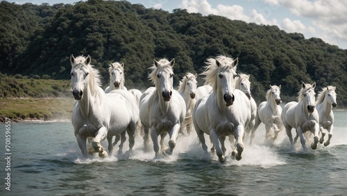 A magnificent herd of all-white horses charging through the glistening waters, the water splattering all around them and their manes blowing in the breeze