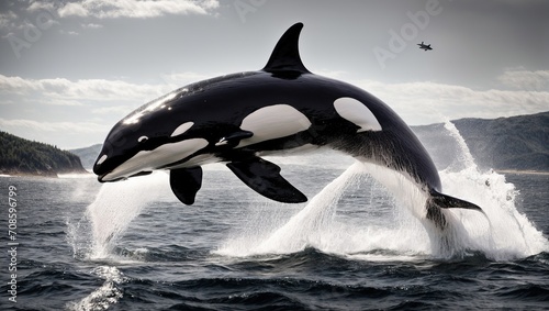 A majestic killer whale soaring through the air, its sleek black and white body glistening in the sunlight as it breaches out of the water with a powerful splash