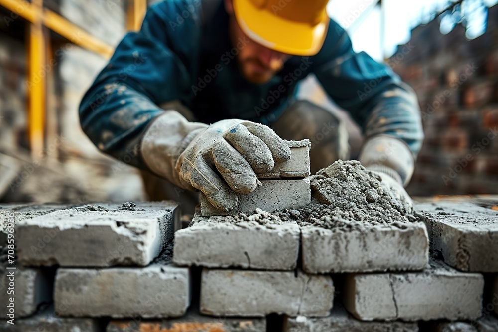 Industrial bricklayer laying bricks on cement mix on construction site Industrial bricklayer laying bricks on cement mix on construction site