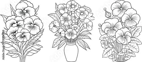 Hand-drawn line art set of beautiful black and white flowers, floral illustration coloring page