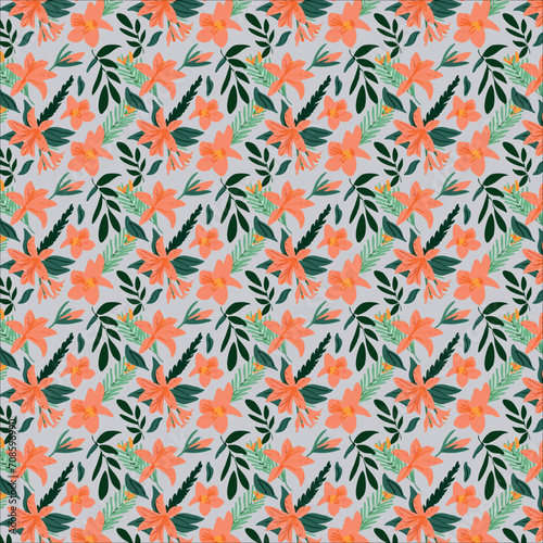 Patron de hojas tropicales y flores naranja
