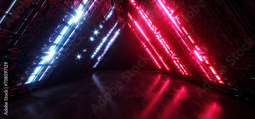 Triangle Shaped Neon Laser Futuristic Warehouse Sci Fi Spaceship Hangar Bunker Tunnel Corridor Showroom Empty Space Glowing Blue Red Lights Cyber Garage 3D Rendering