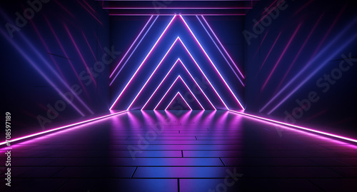 neon lights on a dark blue stage with purple and pink stripes