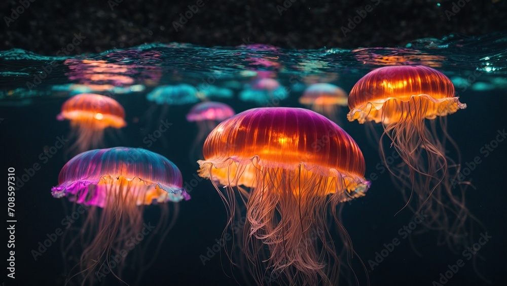 A captivating close-up shows a glowing jellyfish swimming smoothly across the deep blue water, its ethereal light illuminating the enigmatic depths.