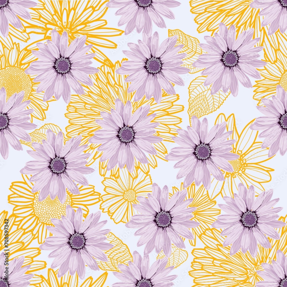 Seamless pattern with watercolor daisy flowers.