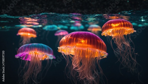 A captivating close-up shows a glowing jellyfish swimming smoothly across the deep blue water, its ethereal light illuminating the enigmatic depths. © LIFE LINE