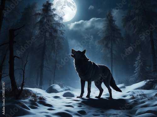Wolf looking up at the full moon in a winter forest