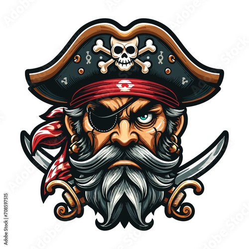 Angry pirate head face with hat and eye patch mascot design vector illustration, logo template isolated on white background