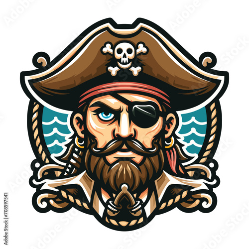 Angry pirate head face with hat and eye patch mascot design vector illustration, logo template isolated on white background