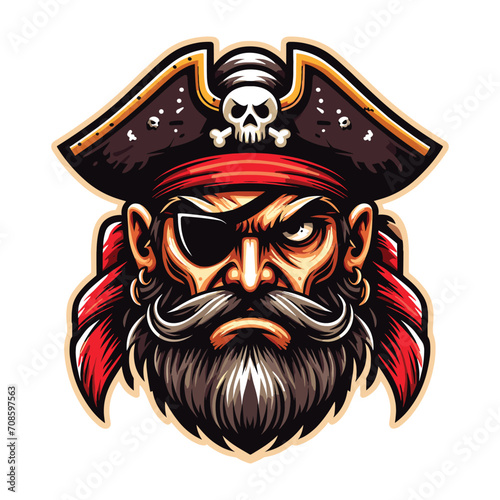Angry pirate head face with hat and eye patch mascot design vector illustration, logo template isolated on white background