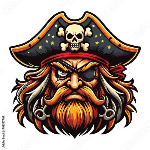 Angry pirate head face with hat and eye patch mascot design vector illustration, logo template isolated on white background