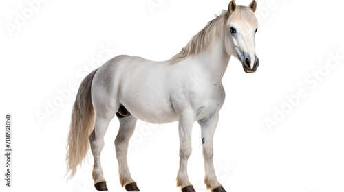 A majestic white horse stands strong against a dark background, its flowing mane and powerful snout embodying grace and strength