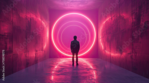 "Man in Neon Tunnel: Futuristic Vision