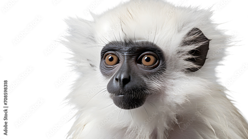 A curious primate peers through the lush foliage, its white fur contrasting against the vibrant greens as it gazes intently with piercing eyes A curious primate peers through the lush foliage, its white fur contrasting against the vibrant greens as it gazes intently with piercing eyes