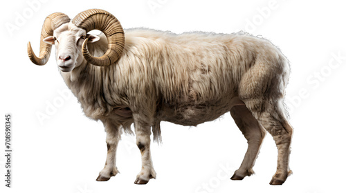 A majestic white ram with bighorn stands tall and proud, its snout raised in the outdoor wilderness, embodying the resilience and grace of a powerful terrestrial mammal