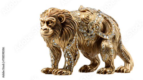 A majestic lion sculpture crafted with intricate detail, adorned with sparkling diamonds and adorned with a gold monkey statue, captures the essence of wild beauty and artistic mastery © Daniel
