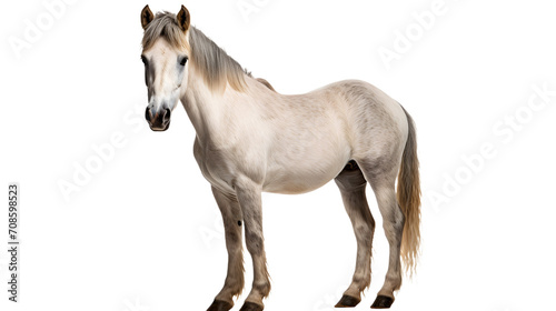 A majestic mustang horse stands proudly on a stark black canvas, its pristine white coat and flowing mane creating a striking contrast in the outdoor setting