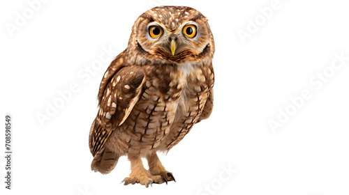 A majestic brown and white screech owl with piercing yellow eyes gazes out from its perch, embodying the beauty and power of the natural world © Daniel