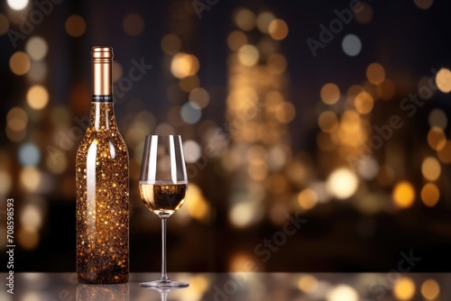 bottle of wine with sparkling candle on table with bokeh lights
