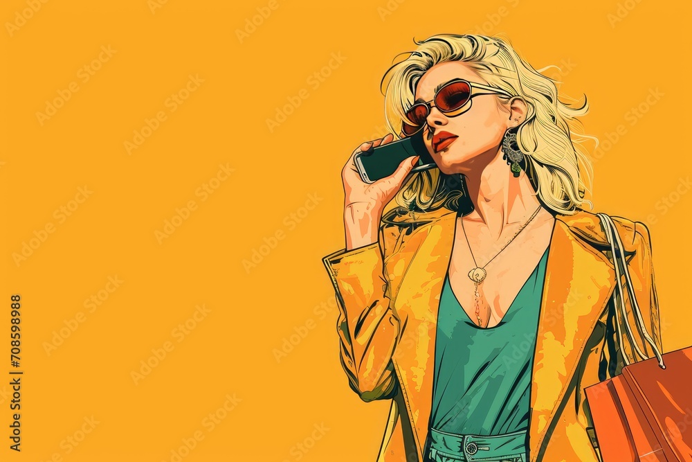 Stylish blonde woman with sunglasses talking on smartphone against yellow background Stylish blonde woman with sunglasses talking on smartphone against yellow background