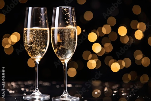 glasses of champagne with sparkling lights and sparkly glass and bokeh 
