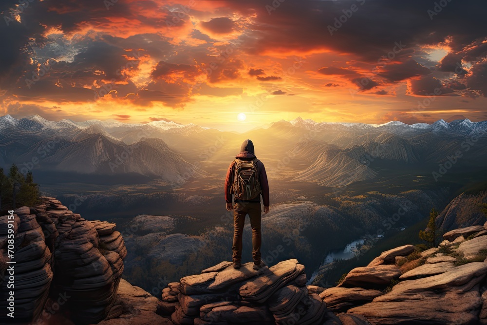 A man stands on the top of a mountain in front of the sky.
