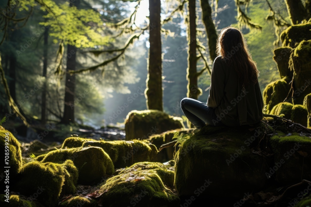 Woman meditating in the forest Woman meditating in the forest