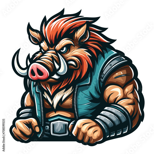 wild beast strong muscle hog boar pig mascot design vector illustration, logo template isolated on white background