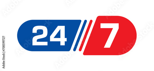 24 hours, seven days concept. blue-red 24-7 logo. 24-7 days logo