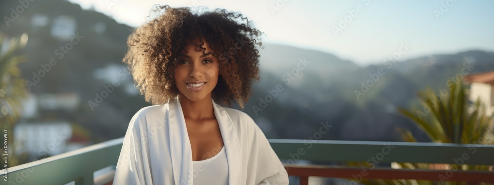 Young black woman in a bathrobe on a hotel balcony. Banner, place for text - obrazy, fototapety, plakaty 